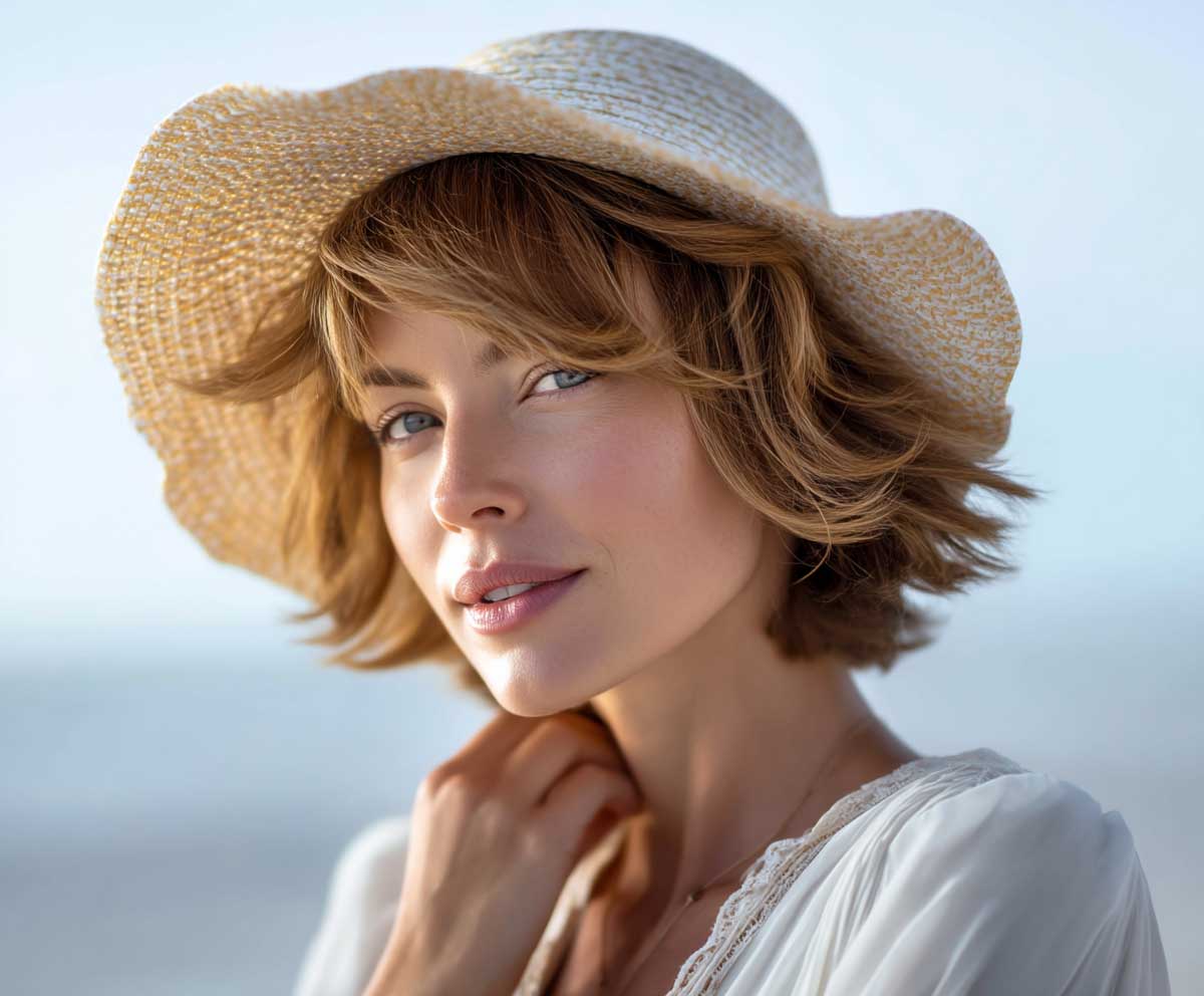 sunlit beachside portrait of a woman with short medium layered haircuts in honey blonde, beachy texture, loose layers, side fringe, sun hat, flowy outfit, tropical background, glowing natural light
