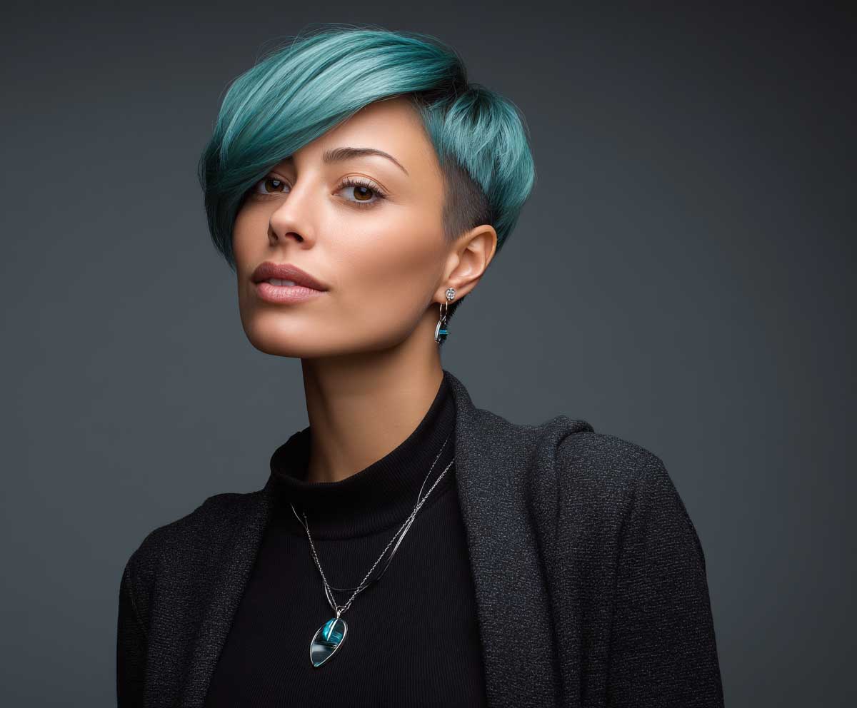 studio portrait of a woman with short medium layered haircuts in cool teal black, subtle undercut, edgy yet professional styling, monochrome outfit, modern office background, poised expression, clean lighting