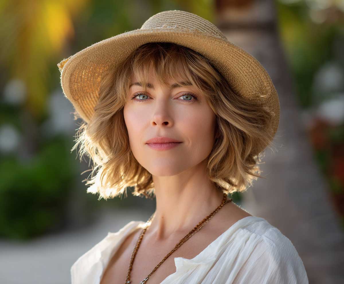 sunlit beachside portrait of a woman with short medium layered haircuts in honey blonde, beachy texture, loose layers, side fringe, sun hat, flowy outfit, tropical background, glowing natural light
