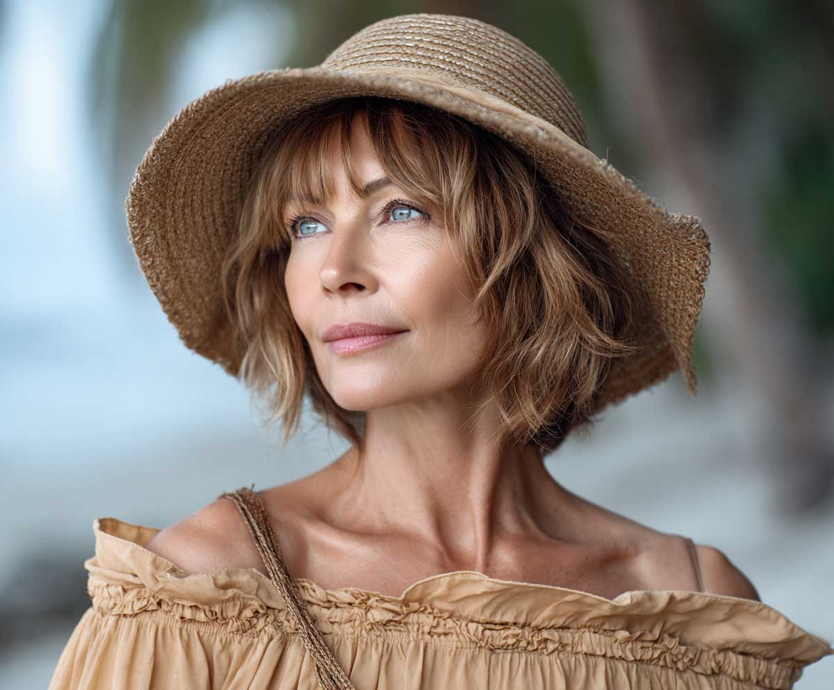 sunlit beachside portrait of a woman with short medium layered haircuts in honey blonde, beachy texture, loose layers, side fringe, sun hat, flowy outfit, tropical background, glowing natural light