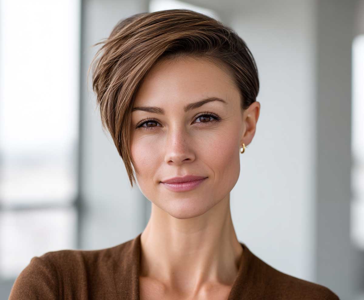 professional studio photo of a woman with short medium layered haircuts in espresso brown, sleek layers, hair tucked behind one ear, business casual outfit, natural daylight office background, confident smile, high-resolution