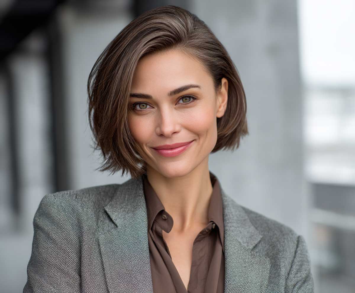professional studio photo of a woman with short medium layered haircuts in espresso brown, sleek layers, hair tucked behind one ear, business casual outfit, natural daylight office background, confident smile, high-resolution