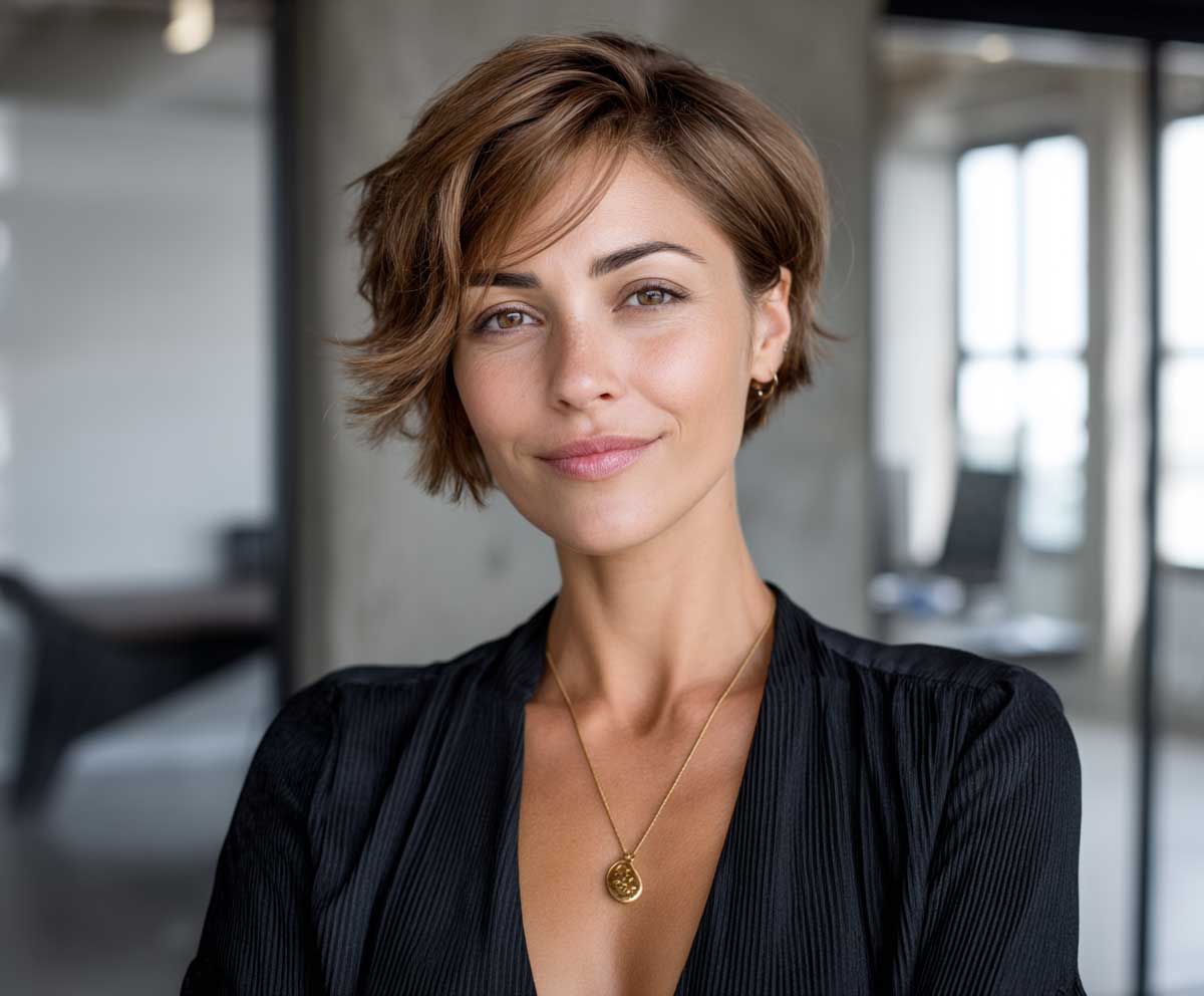 professional studio photo of a woman with short medium layered haircuts in espresso brown, sleek layers, hair tucked behind one ear, business casual outfit, natural daylight office background, confident smile, high-resolution