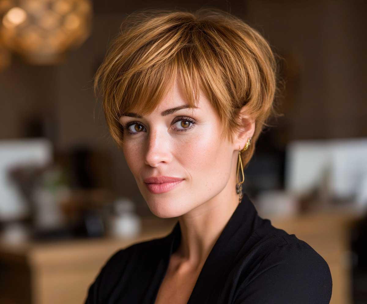 studio headshot of a woman with short medium layered haircuts in golden copper, soft volume, side-swept bangs, office attire, warm lighting, confident businesswoman expression, background with blurred desk setup