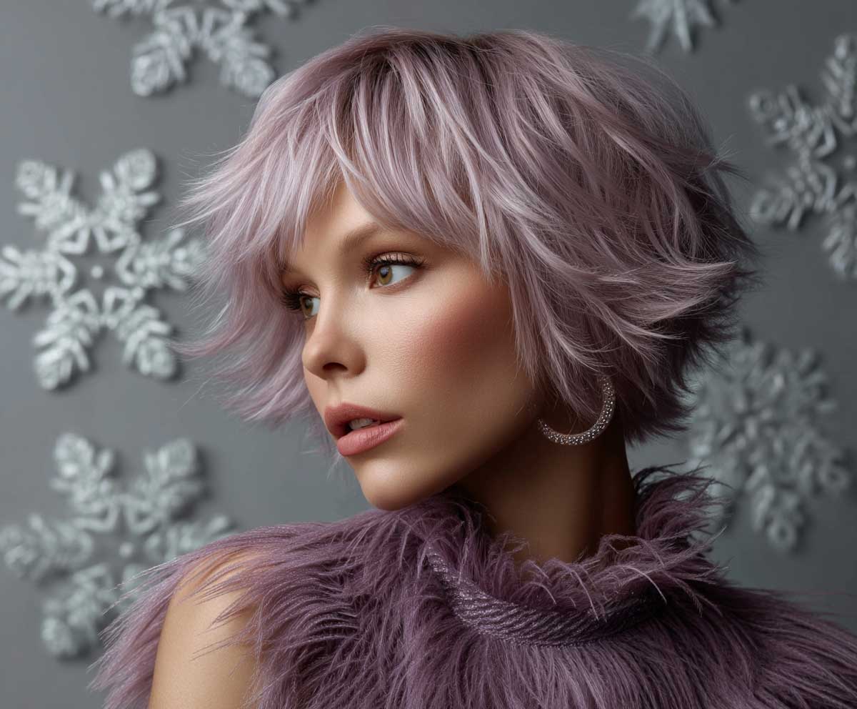 portrait of a woman with short medium layered haircuts in soft lilac, feathered texture, dramatic side flip, holiday fashion outfit, snowflake lighting, stylish and fun mood, studio photo