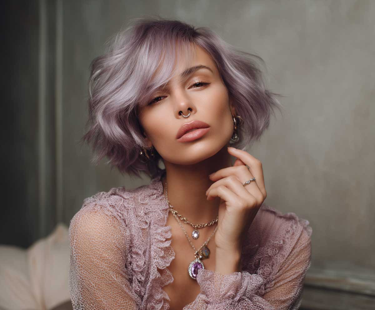 studio photo of a woman with short medium layered haircuts in lavender smoke, deep side part, voluminous layers, soft waves, romantic outfit, dreamy lighting, date night atmosphere