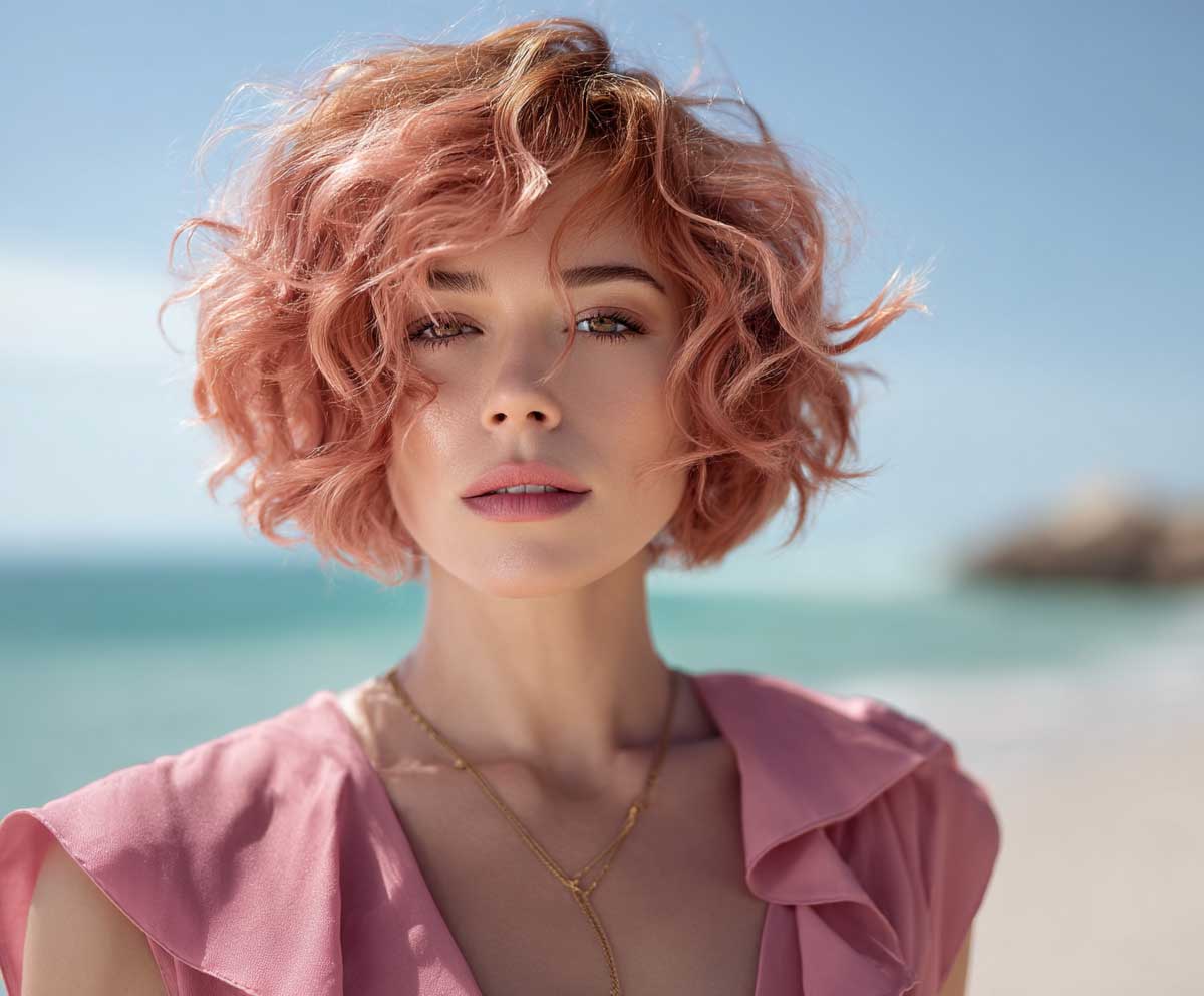 sun-kissed fashion shot of a woman with short medium layered haircuts in strawberry pink, airy curls, sunlight shimmer, relaxed beach outfit, coastal backdrop, glowing skin, soft breeze