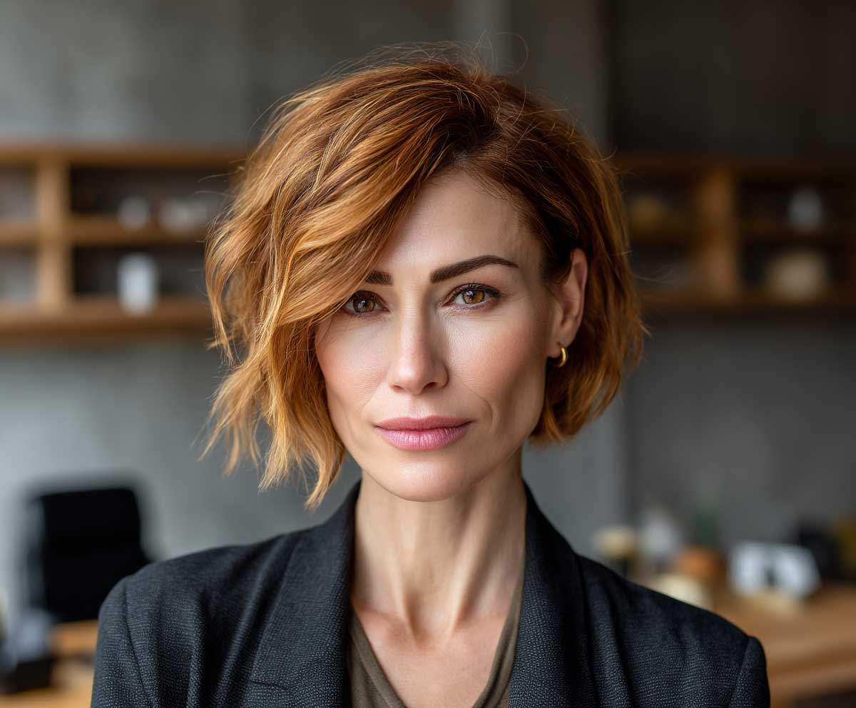 studio headshot of a woman with short medium layered haircuts in golden copper, soft volume, side-swept bangs, office attire, warm lighting, confident businesswoman expression, background with blurred desk setup