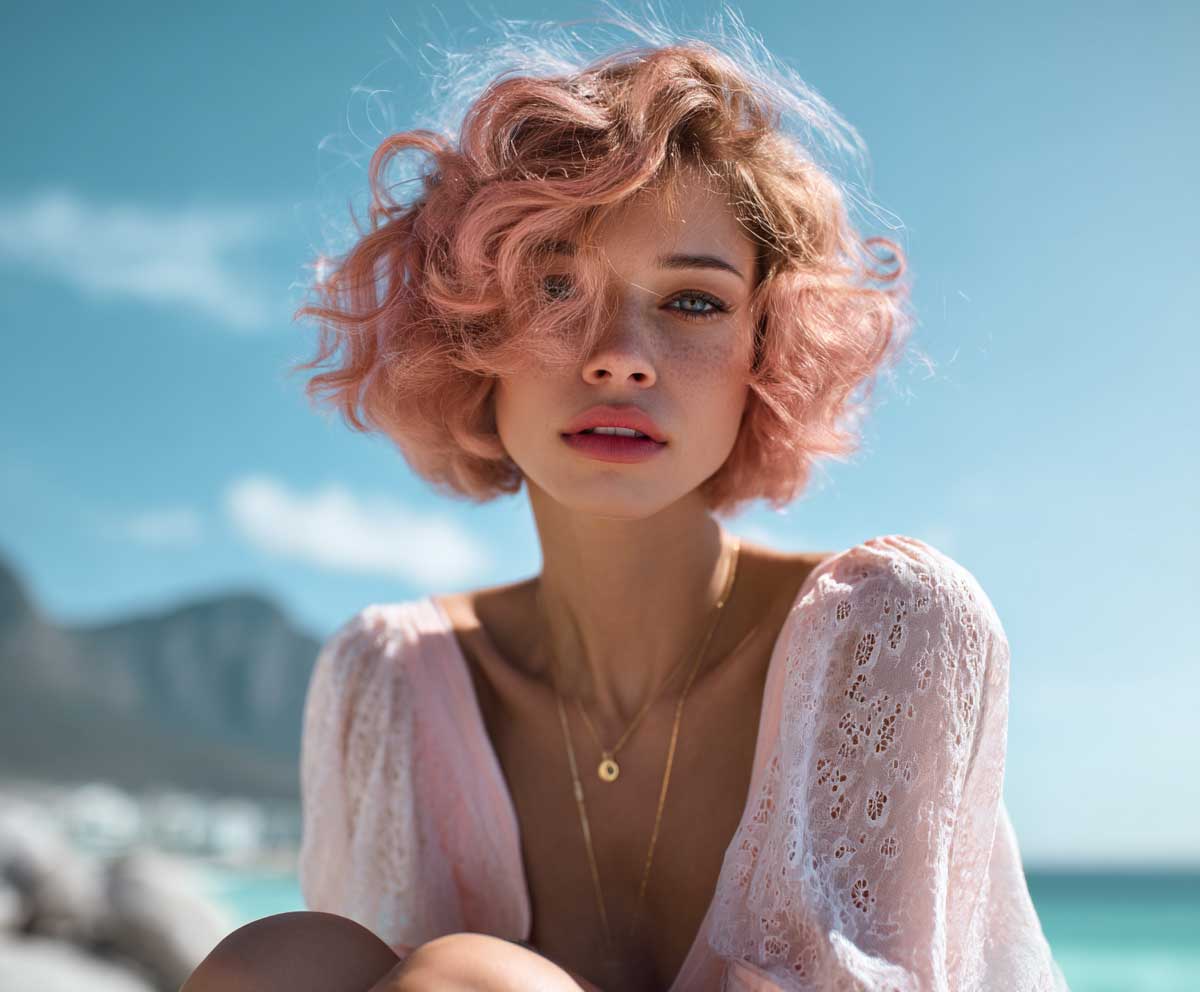 sun-kissed fashion shot of a woman with short medium layered haircuts in strawberry pink, airy curls, sunlight shimmer, relaxed beach outfit, coastal backdrop, glowing skin, soft breeze