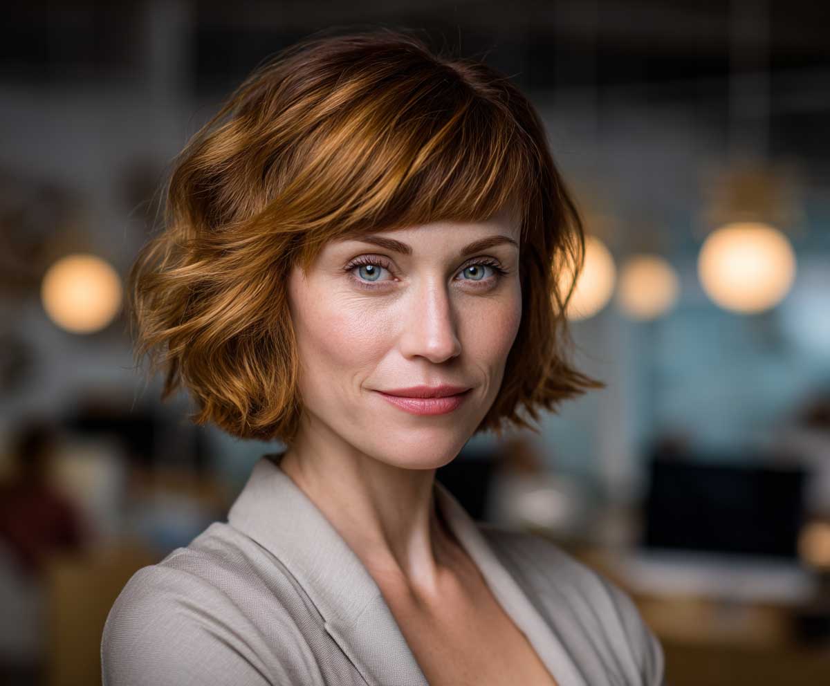 studio headshot of a woman with short medium layered haircuts in golden copper, soft volume, side-swept bangs, office attire, warm lighting, confident businesswoman expression, background with blurred desk setup