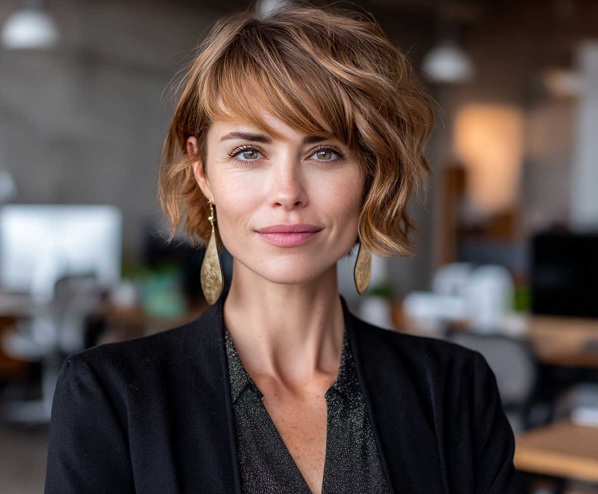 studio headshot of a woman with short medium layered haircuts in golden copper, soft volume, side-swept bangs, office attire, warm lighting, confident businesswoman expression, background with blurred desk setup