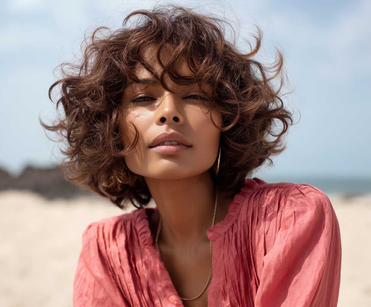 sun-kissed fashion shot of a woman with short medium layered haircuts in strawberry pink, airy curls, sunlight shimmer, relaxed beach outfit, coastal backdrop, glowing skin, soft breeze