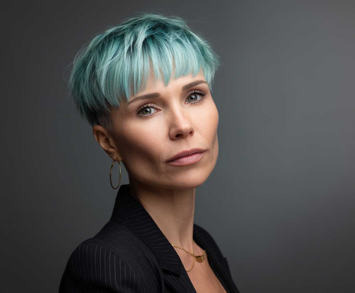 studio portrait of a woman with short medium layered haircuts in cool teal black, subtle undercut, edgy yet professional styling, monochrome outfit, modern office background, poised expression, clean lighting