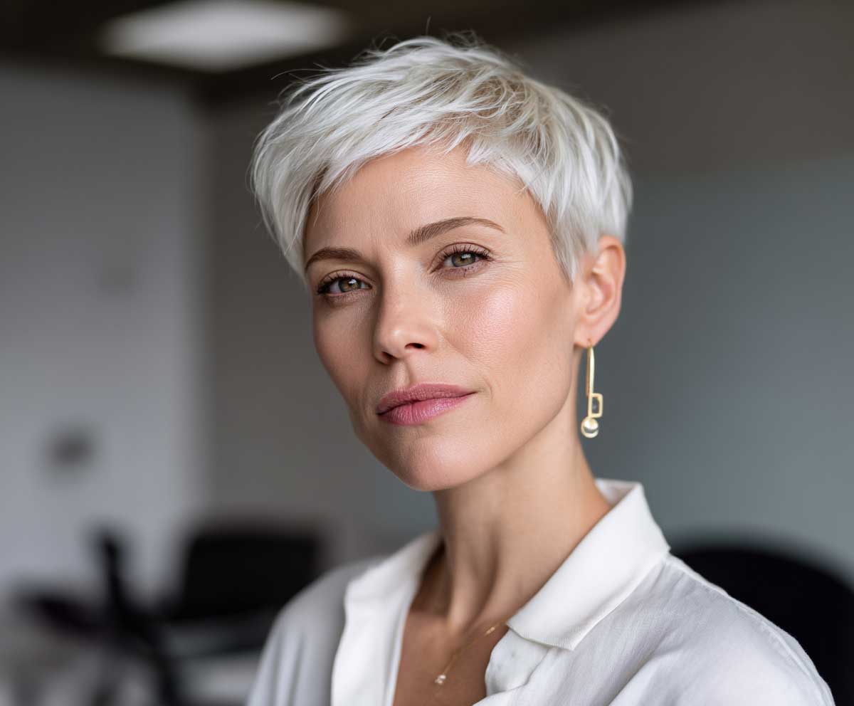 lose-up portrait of a confident businesswoman with a platinum blonde short pixie cut, side-textured layers, smooth finish, wearing a white blouse, natural office lighting, minimalist background