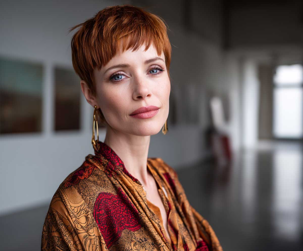 portrait of a creative woman with a warm auburn short pixie cut, edgy abstract micro fringe, standing in a contemporary art gallery, wearing a printed silk blouse, warm tones, Leica camera style, editorial look