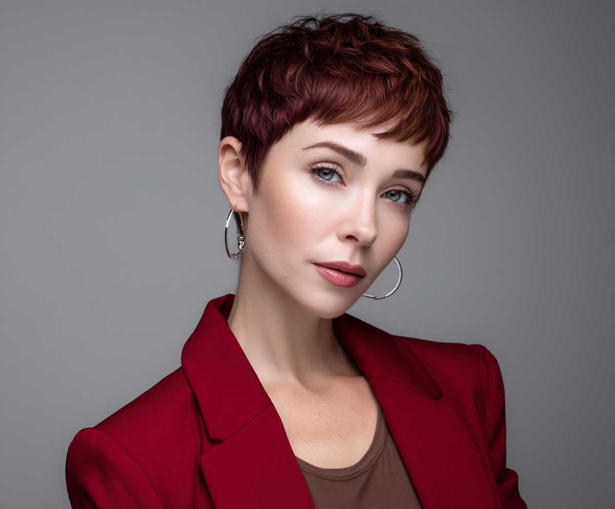 stylish woman with burgundy short pixie cut, soft face-framing bangs, business-casual outfit, light gray background, natural expression, elegant posture, fashion editorial tone