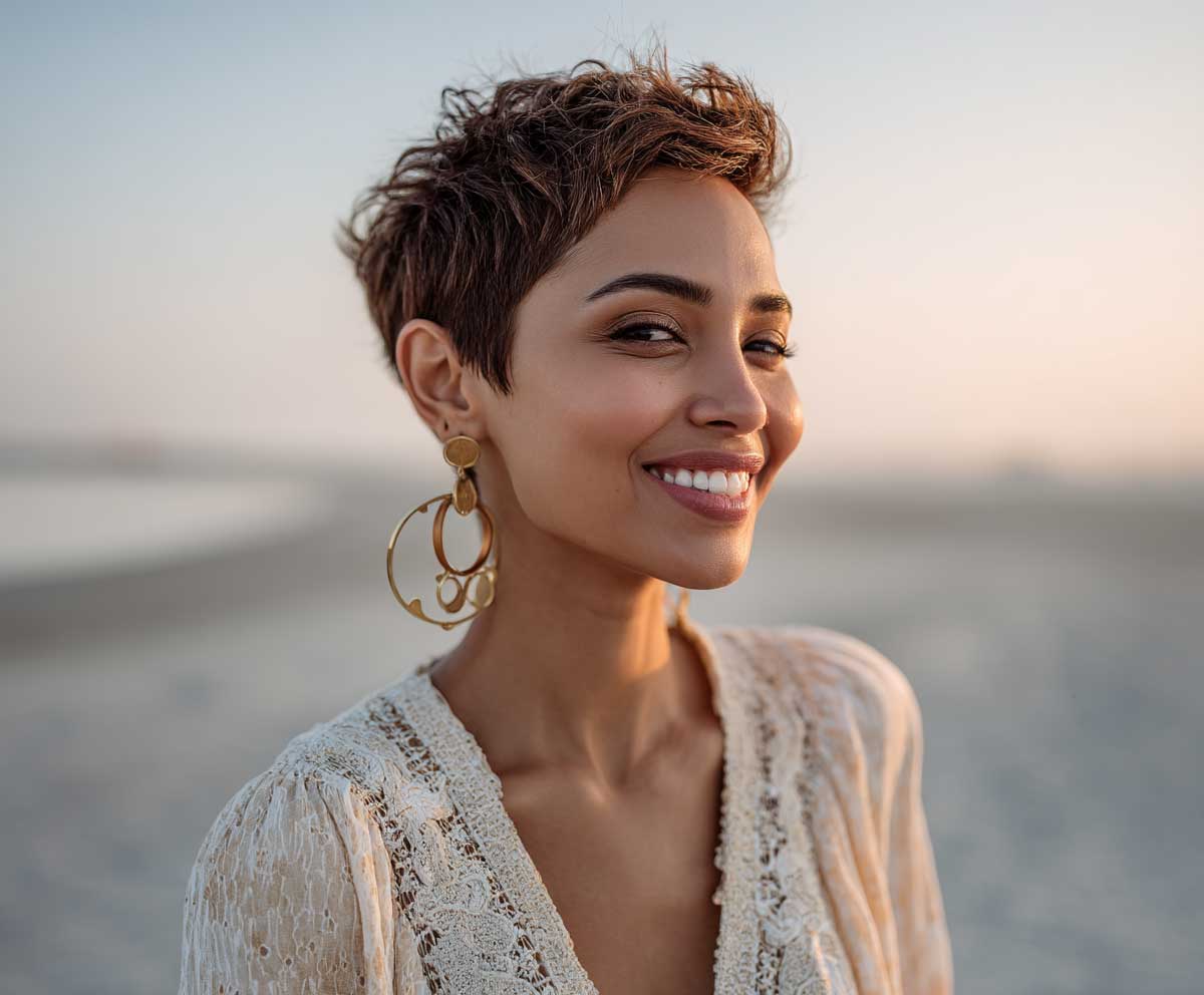 sun-drenched image of a smiling woman with a caramel-toned short pixie cut, textured crown, standing on a beach at sunset, wearing a boho chic gown, light breeze in her hair, Sony Alpha full frame, soft warm colors