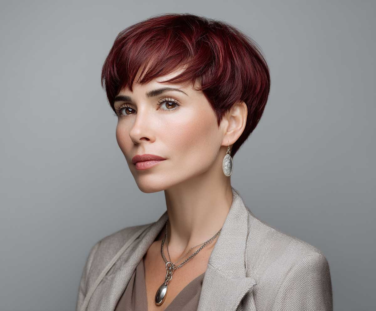 stylish woman with burgundy short pixie cut, soft face-framing bangs, business-casual outfit, light gray background, natural expression, elegant posture, fashion editorial tone