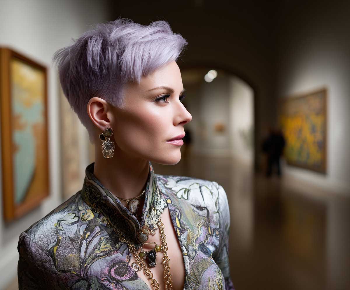 elegant woman with icy lavender short pixie cut, sculpted volume on the crown, artistic lighting, chic outfit, standing near a modern painting in a gallery, soft shadows, full-color photo, Sigma Art lens