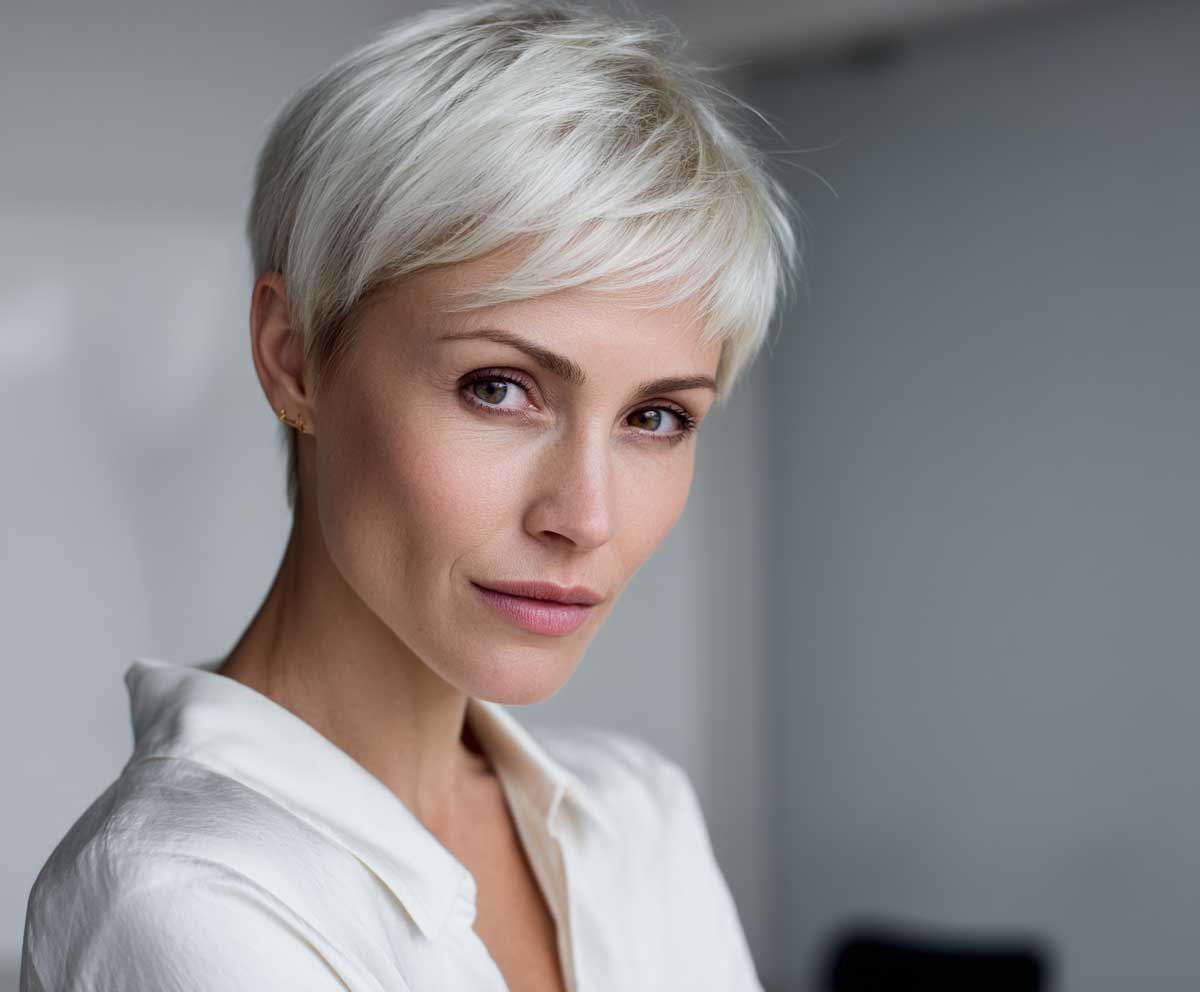 lose-up portrait of a confident businesswoman with a platinum blonde short pixie cut, side-textured layers, smooth finish, wearing a white blouse, natural office lighting, minimalist background
