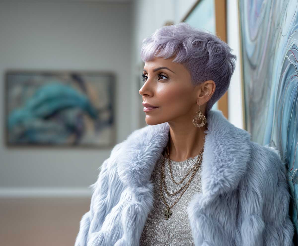 elegant woman with icy lavender short pixie cut, sculpted volume on the crown, artistic lighting, chic outfit, standing near a modern painting in a gallery, soft shadows, full-color photo, Sigma Art lens