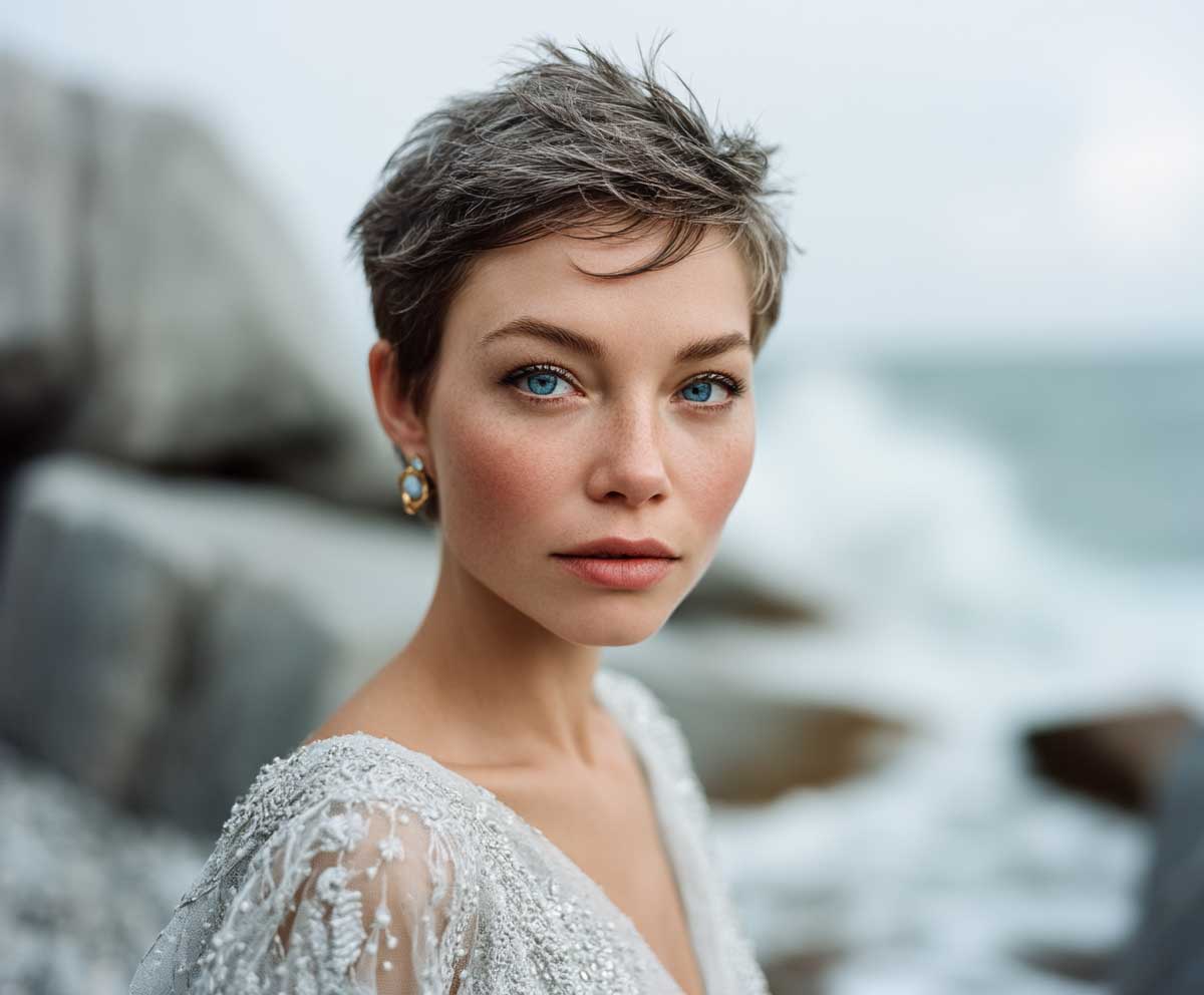 close-up of a woman with an ocean blue short pixie cut, feathered texture, soft lighting, coastal rocks and waves behind her, natural makeup, styled for a beach wedding, fashion portrait, Fujifilm natural film look