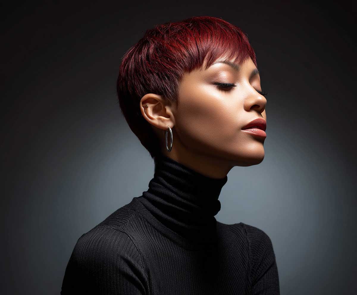 dramatic studio shot of a woman with a crimson red short pixie cut, deep side sweep, dark backdrop with spotlight, wearing a high-neck black outfit, sharp lighting contrast, bold fashion mood, Hasselblad detail style