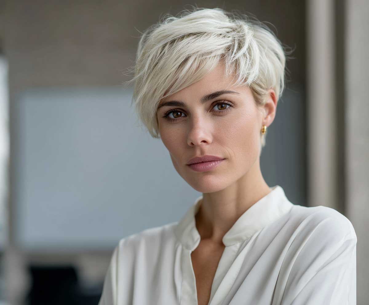 lose-up portrait of a confident businesswoman with a platinum blonde short pixie cut, side-textured layers, smooth finish, wearing a white blouse, natural office lighting, minimalist background