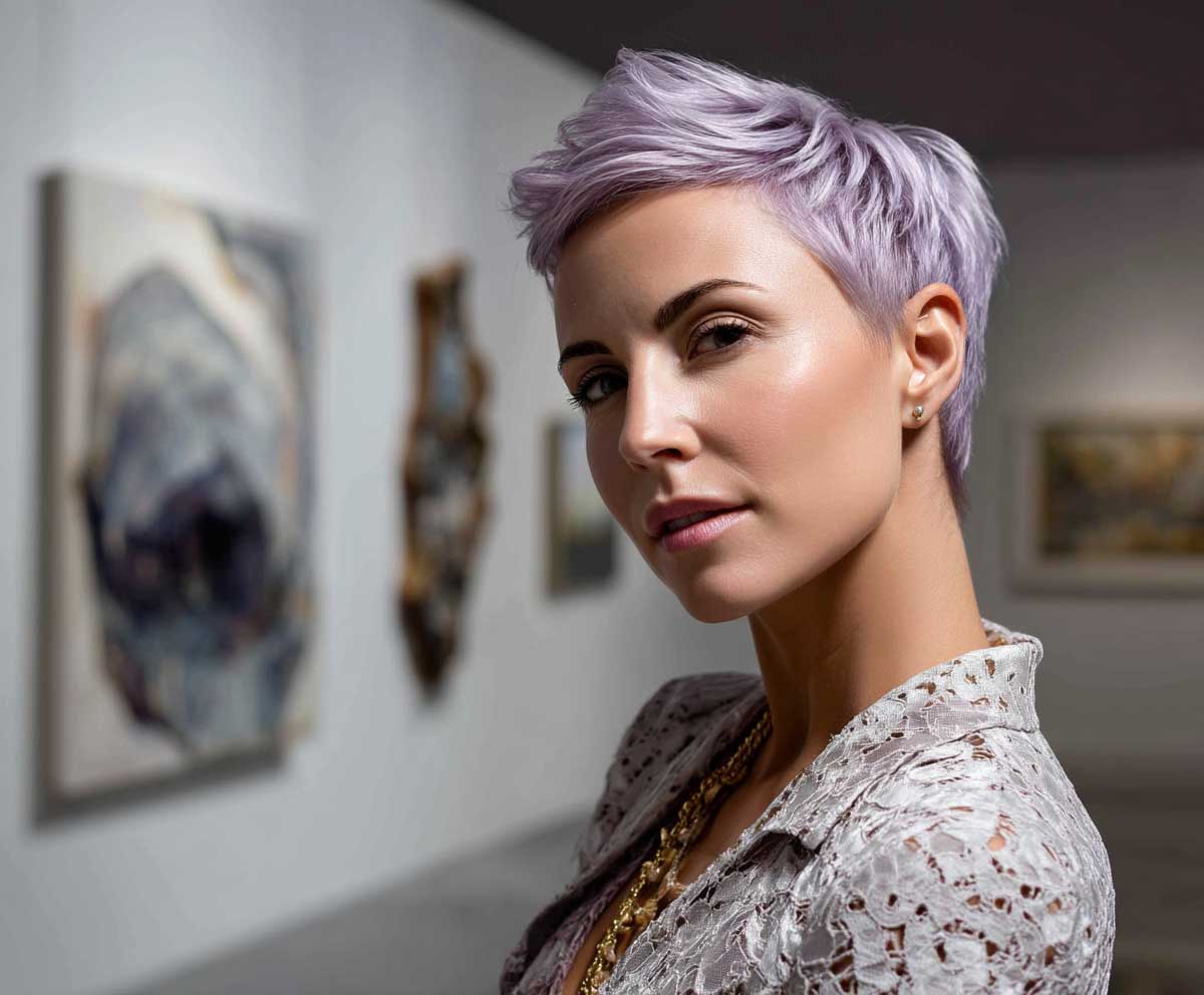 elegant woman with icy lavender short pixie cut, sculpted volume on the crown, artistic lighting, chic outfit, standing near a modern painting in a gallery, soft shadows, full-color photo, Sigma Art lens