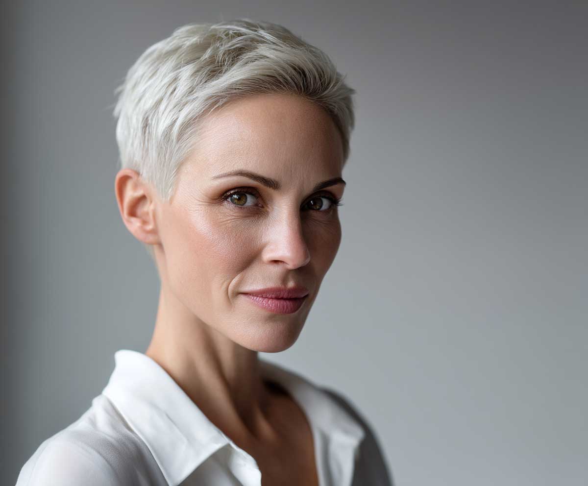 lose-up portrait of a confident businesswoman with a platinum blonde short pixie cut, side-textured layers, smooth finish, wearing a white blouse, natural office lighting, minimalist background