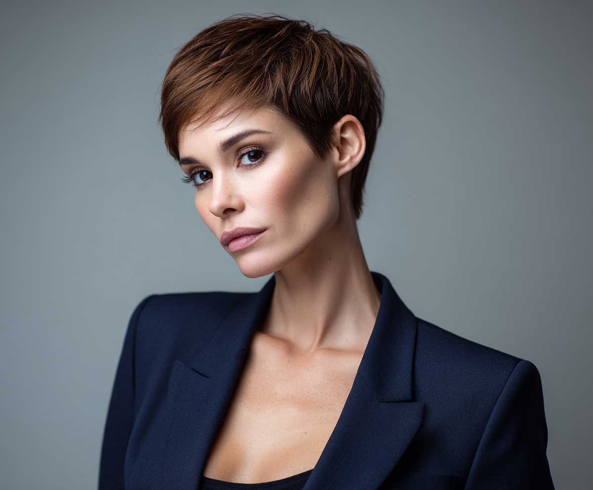 studio photo of a professional woman with a chestnut brown short pixie cut, sleek and neat with a tapered nape, wearing a navy blazer, neutral background, modern business attire, sharp lighting