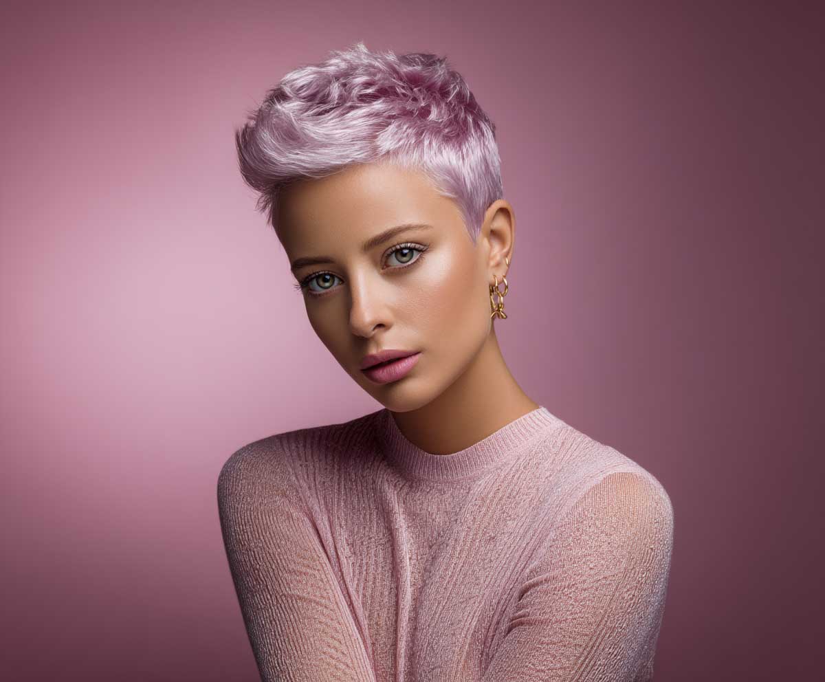 fashion portrait of a model with a metallic lilac short pixie cut, gentle volume at the crown, matte makeup, artistic lighting with pink undertones, minimalist background, styled for a creative photoshoot, Sony Alpha 7, cinematic tone