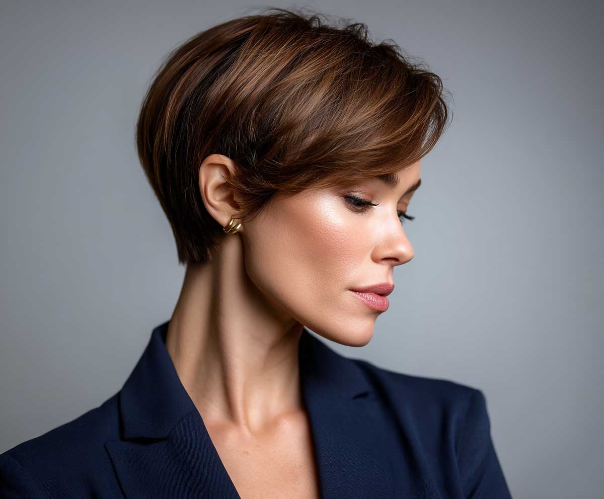 studio photo of a professional woman with a chestnut brown short pixie cut, sleek and neat with a tapered nape, wearing a navy blazer, neutral background, modern business attire, sharp lighting