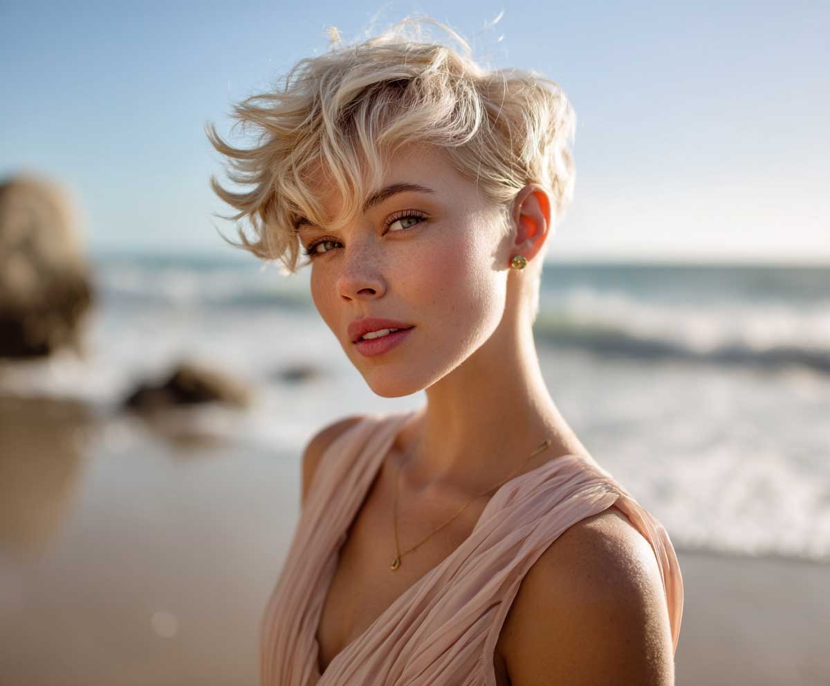 romantic outdoor portrait of a woman with a honey blonde short pixie cut, soft beachy waves, glowing under natural sunlight, ocean in the background, wearing a flowy pastel dress, captured on film camera, gentle tones, Canon 50mm lens