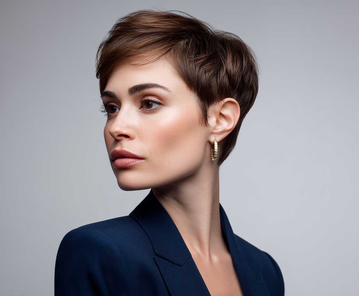 studio photo of a professional woman with a chestnut brown short pixie cut, sleek and neat with a tapered nape, wearing a navy blazer, neutral background, modern business attire, sharp lighting
