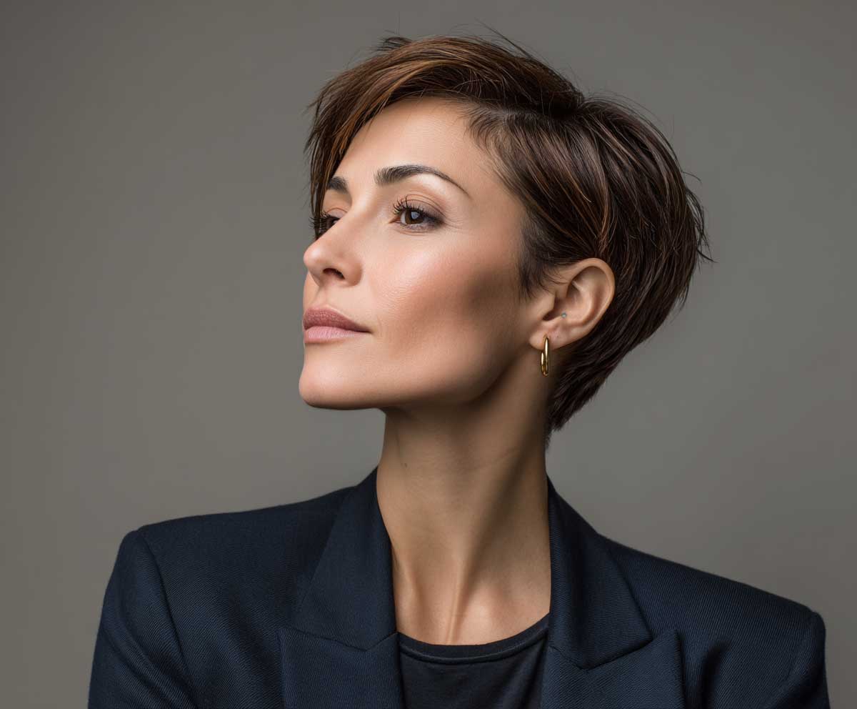 studio photo of a professional woman with a chestnut brown short pixie cut, sleek and neat with a tapered nape, wearing a navy blazer, neutral background, modern business attire, sharp lighting