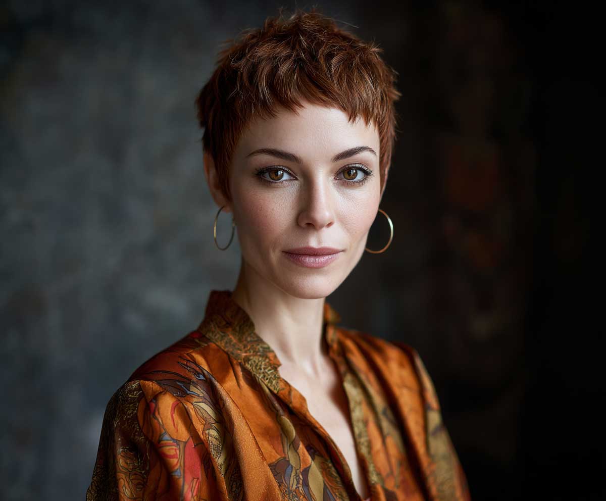portrait of a creative woman with a warm auburn short pixie cut, edgy abstract micro fringe, standing in a contemporary art gallery, wearing a printed silk blouse, warm tones, Leica camera style, editorial look