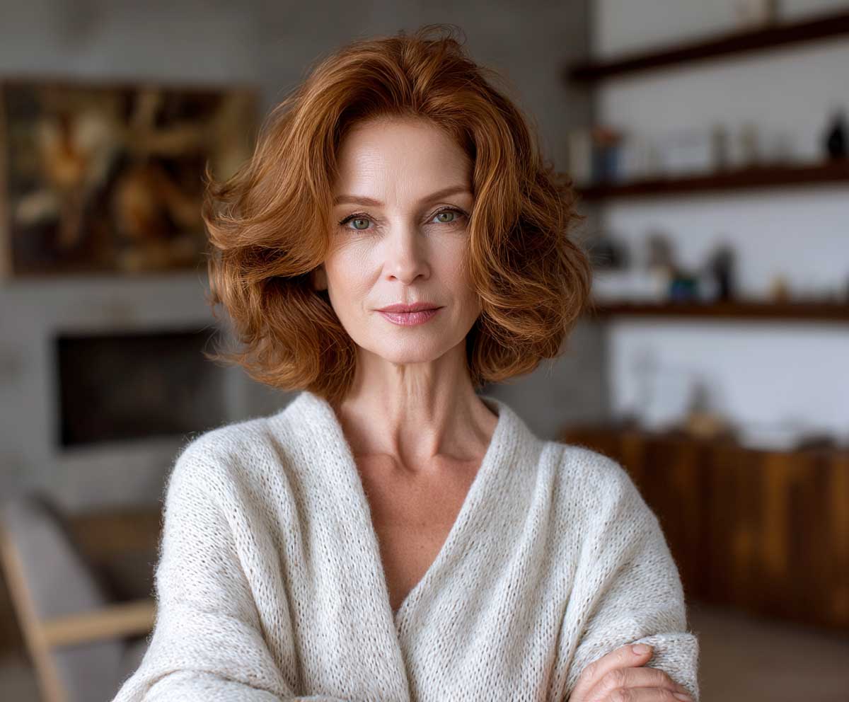 Confident mature woman with shoulder length soft auburn voluminous hair, subtle makeup, casual yet refined outfit, cozy home interior