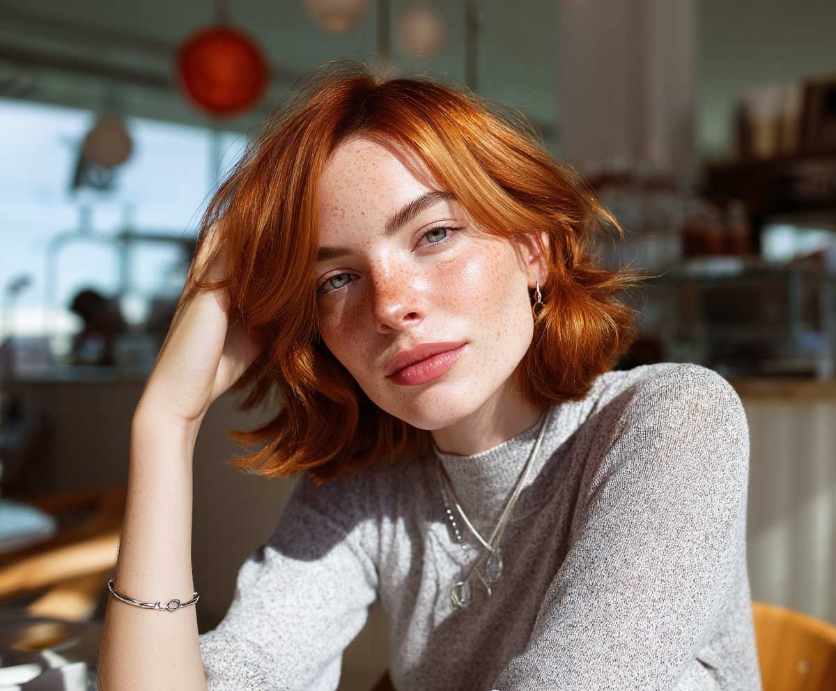 A carefree woman with soft copper shoulder length layered haircut, freckles, warm light, sitting in a sun-drenched cafe, aesthetic lifestyle fashion shot