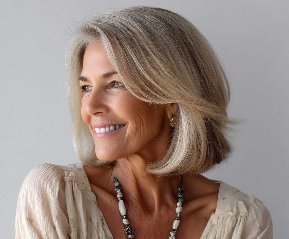 Stylish woman in her 60s with shoulder length champagne blonde flicked layers, smiling, elegant blouse, bright natural lighting, minimal background