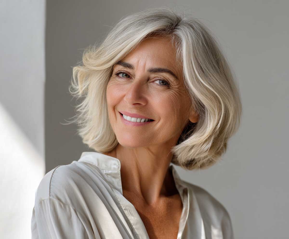 Stylish woman in her 60s with shoulder length champagne blonde flicked layers, smiling, elegant blouse, bright natural lighting, minimal background