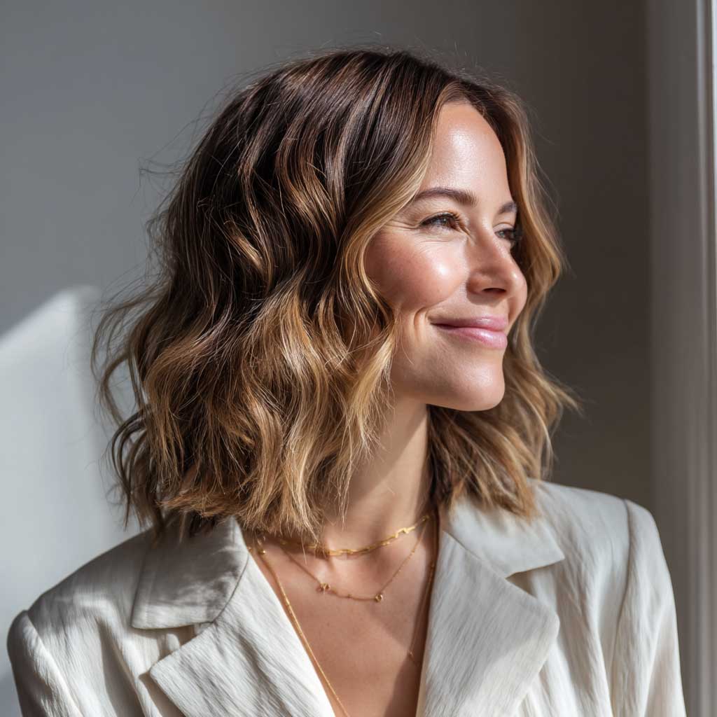 Smiling woman with honey balayage shoulder length wavy hair, stylish yet relaxed business-casual outfit, sunlight through window, minimal background