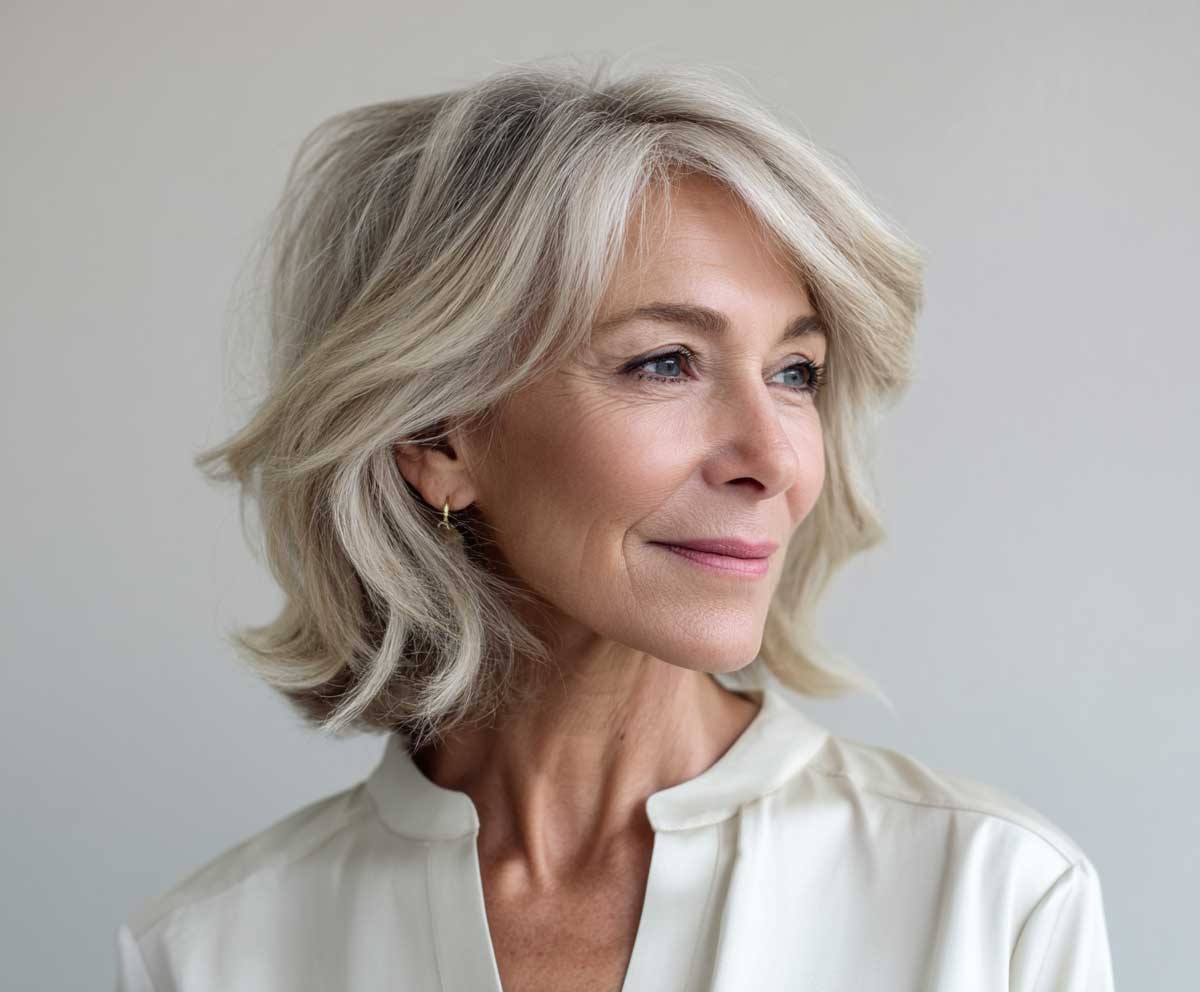 Stylish woman in her 60s with shoulder length champagne blonde flicked layers, smiling, elegant blouse, bright natural lighting, minimal background