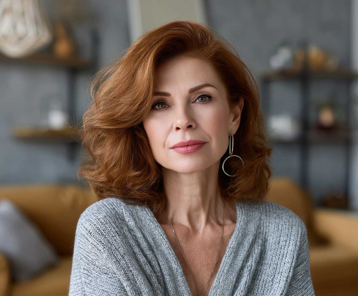 Confident mature woman with shoulder length soft auburn voluminous hair, subtle makeup, casual yet refined outfit, cozy home interior