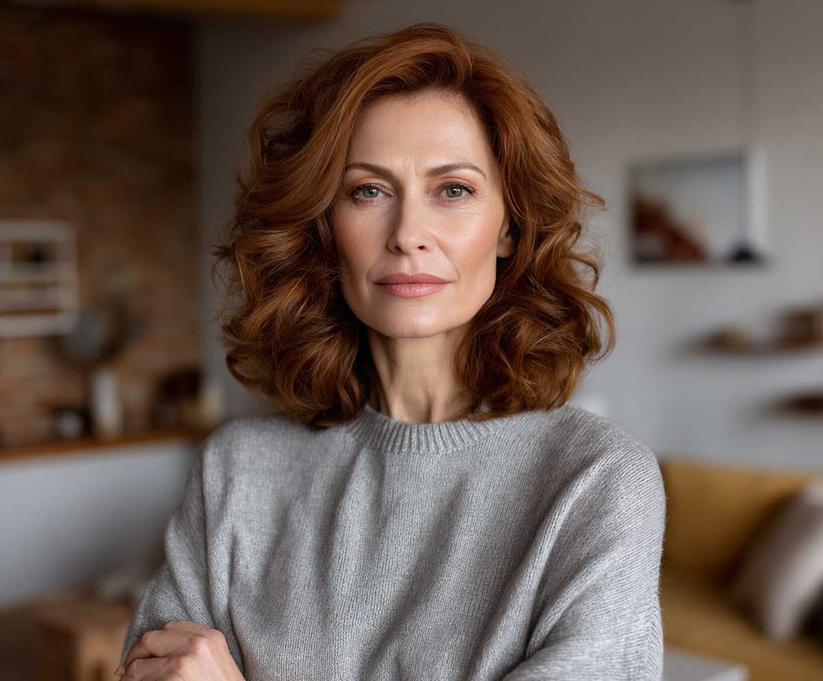 Confident mature woman with shoulder length soft auburn voluminous hair, subtle makeup, casual yet refined outfit, cozy home interior