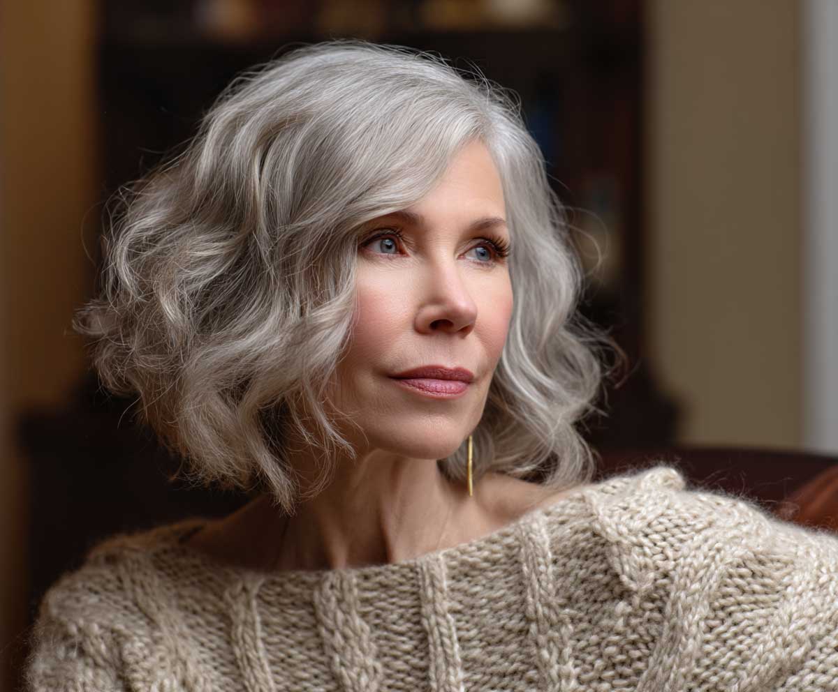 Graceful older woman with soft silver pearl shoulder length wavy hair, natural makeup, wearing a light knit sweater, warm indoor setting