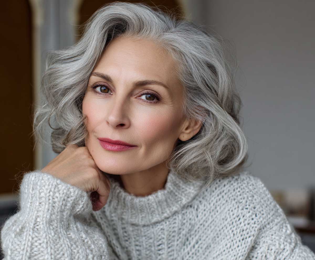 Graceful older woman with soft silver pearl shoulder length wavy hair, natural makeup, wearing a light knit sweater, warm indoor setting