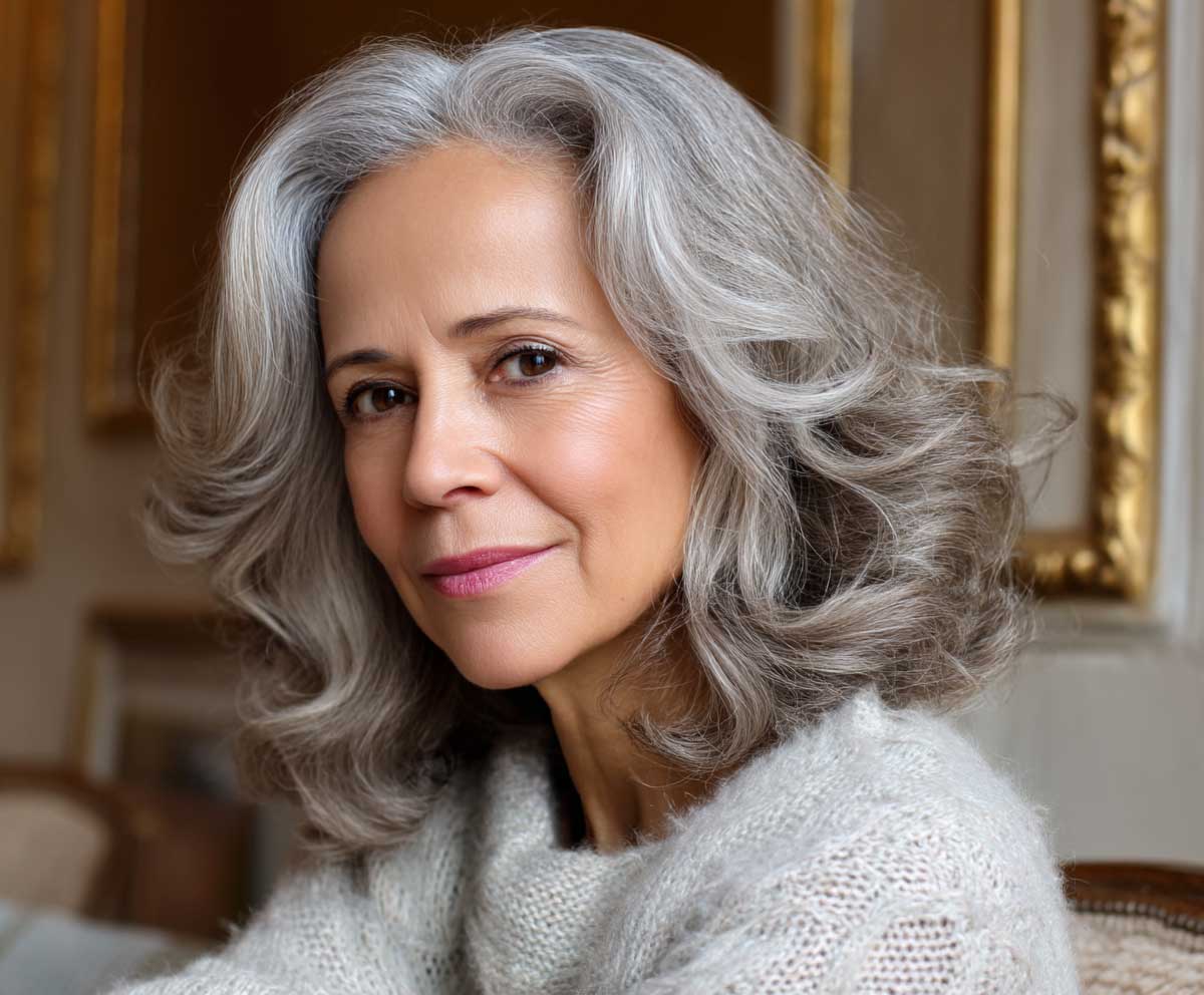 Graceful older woman with soft silver pearl shoulder length wavy hair, natural makeup, wearing a light knit sweater, warm indoor setting
