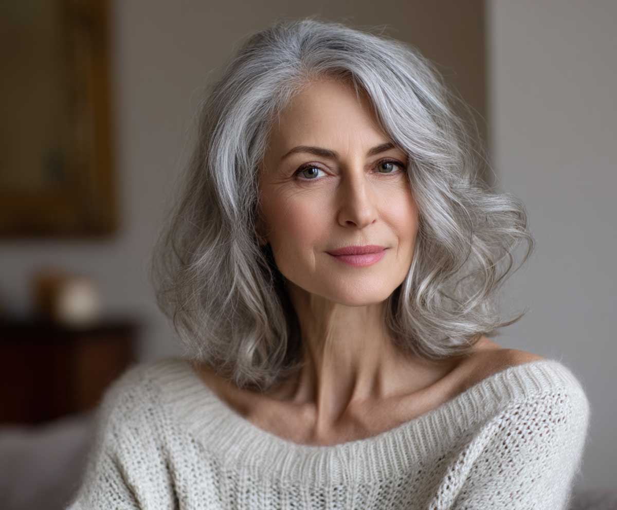 Graceful older woman with soft silver pearl shoulder length wavy hair, natural makeup, wearing a light knit sweater, warm indoor setting