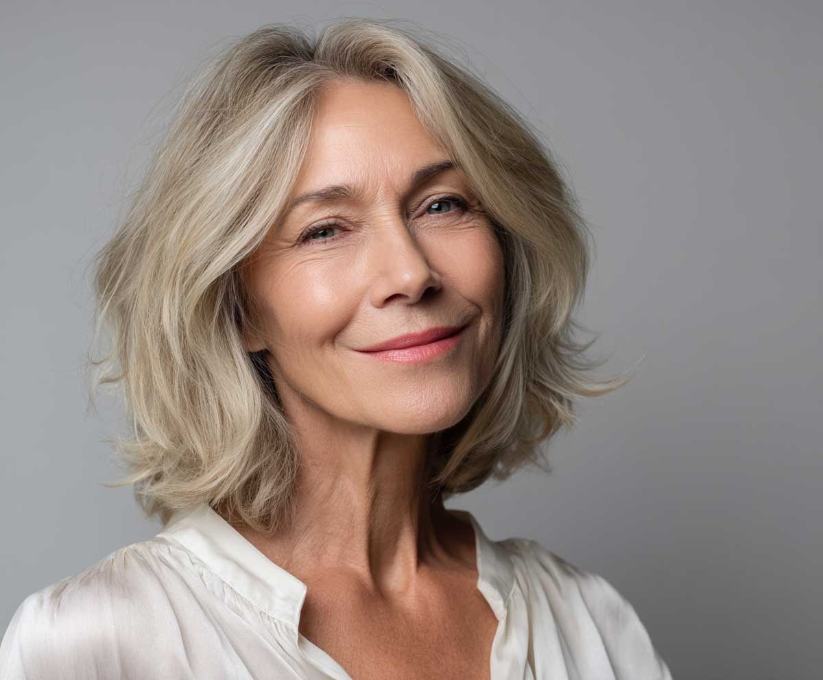 Stylish woman in her 60s with shoulder length champagne blonde flicked layers, smiling, elegant blouse, bright natural lighting, minimal background